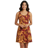 Burgundy and gold floral paisley mandala print summer dress, boho chic style, fitted bodice, flowy skirt, perfect for festivals and parties - Blissfully Brand