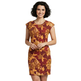 Renai Tee Tunic Tee Dress - Abstract Swirly Swirl Print Golden Brown Autumn Colors - Short Sleeve Contour Style - Retro Chic - Blissfully Brand