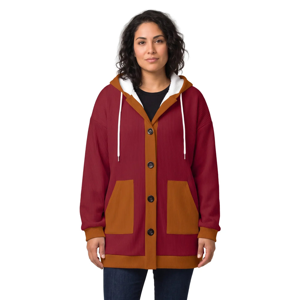 Renai Color Block Ribbed Knit Hooded Coatigan in Pohutukawa Red with Oregon Red trim, ribbed eight-rib knit, hood and front pockets