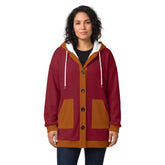 Renai Color Block Ribbed Knit Hooded Coatigan in Pohutukawa Red with Oregon Red trim, ribbed eight-rib knit, hood and front pockets
