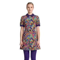 Woman wearing Rinas print Peter Pan collar mini dress with Tolopea Dark Violet accents, Retro Psycedelic Paisley Print paired with matching tights and Mary Janes - Blissfully Brand