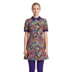 Woman wearing Rinas print Peter Pan collar mini dress with Tolopea Dark Violet accents, Retro Psycedelic Paisley Print paired with matching tights and Mary Janes - Blissfully Brand