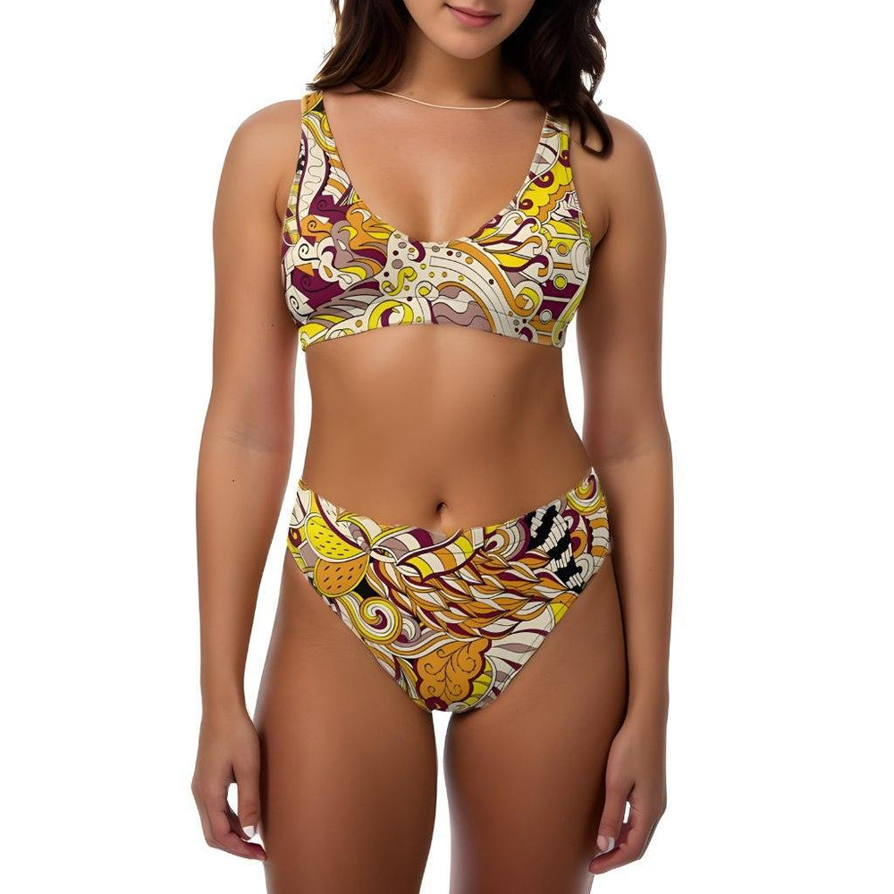 Sabi High-waisted Scoop Bikini Set- Psychedelic Abstract Print Swirls Funky Retro Multicolor Beachwear Women's Swimwear Red Yellow Orange