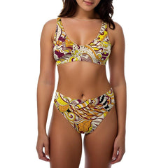 Sabi High-waisted Scoop Bikini Set- Psychedelic Abstract Print Swirls Funky Retro Multicolor Beachwear Women's Swimwear Red Yellow Orange