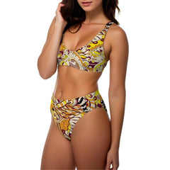 Sabi High-waisted Scoop Bikini Set- Psychedelic Abstract Print Swirls Funky Retro Multicolor Beachwear Women's Swimwear Red Yellow Orange