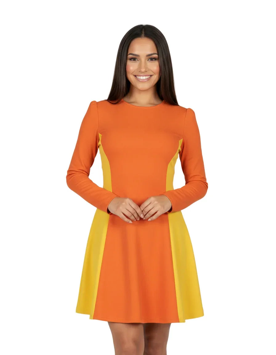 Safrana Color Block Series Dress in Burning Orange and Sunglow Yellow, long-sleeve mini dress with flared skirt - Retro Mod - Blissfully Brand
