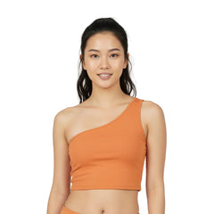 Safrana Solid Series one-shoulder crop top in Burning Orange, fitted athletic style, paired with matching leggings - Blissfully Brand