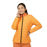 Vibrant Safrana Series orange lightweight puffer jacket with a stand collar, black zipper, and side pockets with insulated interior - Cropped - Blissfully Brand