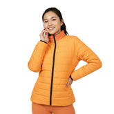 Vibrant Safrana Series orange lightweight puffer jacket with a stand collar, black zipper, and side pockets with insulated interior - Cropped - Blissfully Brand