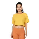Safrana Solid Series 100% cotton cropped tee in Sunglow yellow, Drop Shoulders, paired with orange leggings - Blissfully Brand