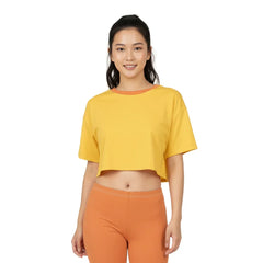 Safrana Solid Series 100% cotton cropped tee in Sunglow yellow, Drop Shoulders, paired with orange leggings - Blissfully Brand