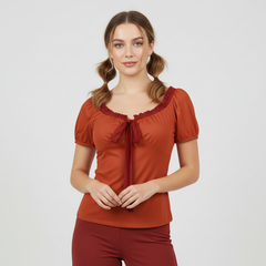 Safrana Series Red Puff Sleeve Pleated Top