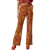 Safrana Print Lightweight Wide Leg Pants featuring psychedelic red and yellow patterns, high-waisted fit, side pockets, and cotton denim-like fabric - Retro Chic - Blissfully Brand
