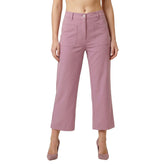 Semia Viola Purple flared cropped pants with front and back patch pockets and a vibrant Semia print tank top, showcasing wide leg silhouette, high waist, and comfortable stretch fabric. Poses include full-body front, side, back, and close-ups of pants details and the matching top