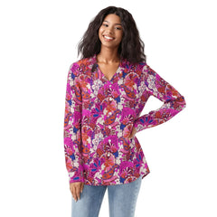Vibrant Sameria print button down shirt with colorful paisley pattern in pink, purple and coral - Retro Psychedelic Boho Chic - Blissfully Brand