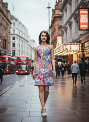 Sechia reversible dress by Blissfully Brand featuring a vibrant, retro-inspired paisley and floral abstract print in bold hues of pink, yellow, blue, and green, designed for bold and confident women seeking a statement-making, chic, and versatile outfit