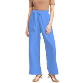 Sechia Mid Blue Women's High-Rise Wide Leg Pants Belted Palazzo Elastic Waist Solid Vibrant Bold Bright Bottoms Sky Blue Belted Self Tie Chiffon