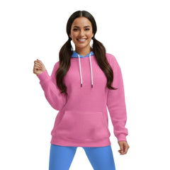 hot pink Sechia waffle knit hoodie with cornflower blue hood, kangaroo pockets, and blue leggings - Color Block - Athleisure - Blissfully Brand
