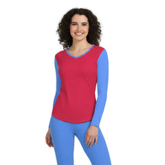 Sechia Crimson Red Long Sleeve V-Neck Tee with Cornflower Blue Trim and Arms, paired with matching blue leggings - Color block - Blissfully Brand