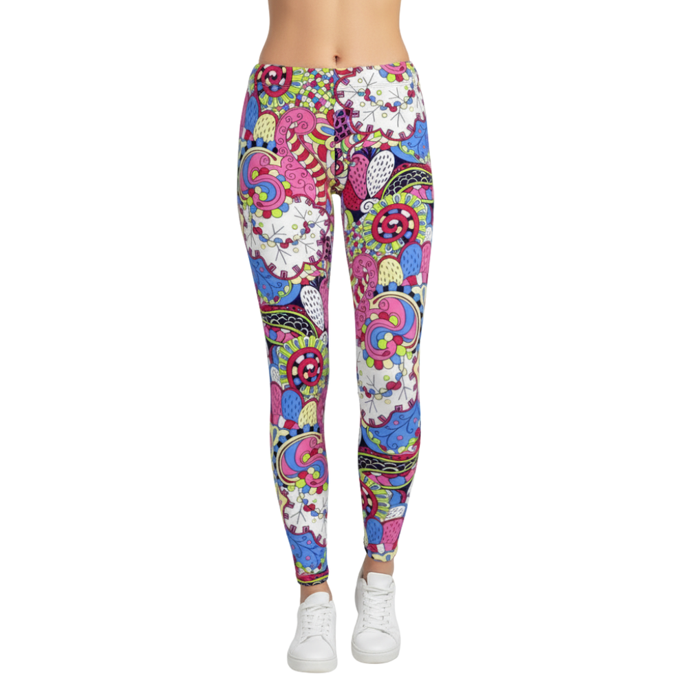 Sechia LYCRA Mid-Rise Leggings - Vibrant Paisley Floral Print Kaleidoscope Retro Bold Flower Power Multicolor Coordinate Workout Gym Women's Activewear - Blissfully Brand