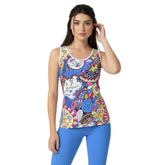 Vibrant Sechia print scoop neck tank top with psychedelic patterns in pink, blue, and multicolored swirls - Coordinates - Retro Chic - Blissfully Brand