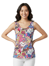 Sechia print round neck tank top featuring vibrant psychedelic florals in hot pink, cobalt blue, chartreuse and crimson, paired with white jeans — Profonde Collection by Blissfully Brand, made to order in Montreal