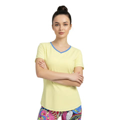 Solid Yellow V-neck women's tee with contrast blue trim - Regular or Slim Fit - Sechia Series - Blissfully Brand