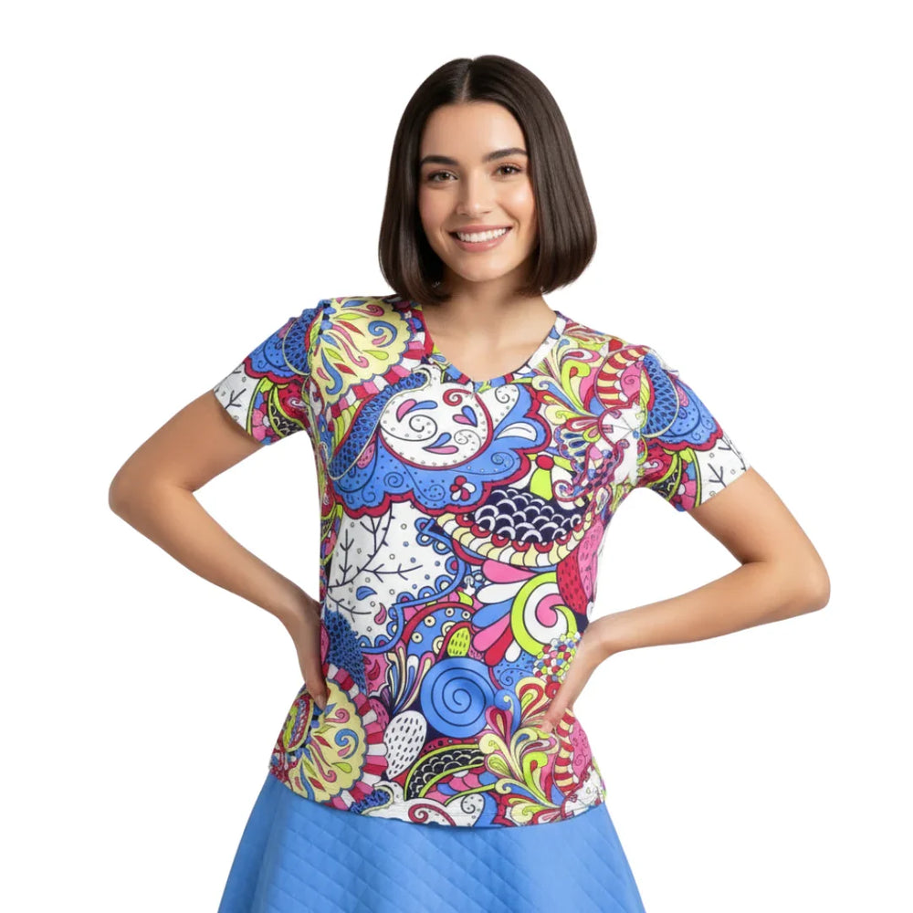 Sechia Psychedelic Patterned Women's V-Neck Tee | Vibrant Colorful Boho T-Shirt Retro Chic - London Bliss Collection by Blissfully Brand