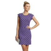 Stylish purple geometric pattern tee dress with cap sleeves and form-fitting silhouette Blissfully Brand