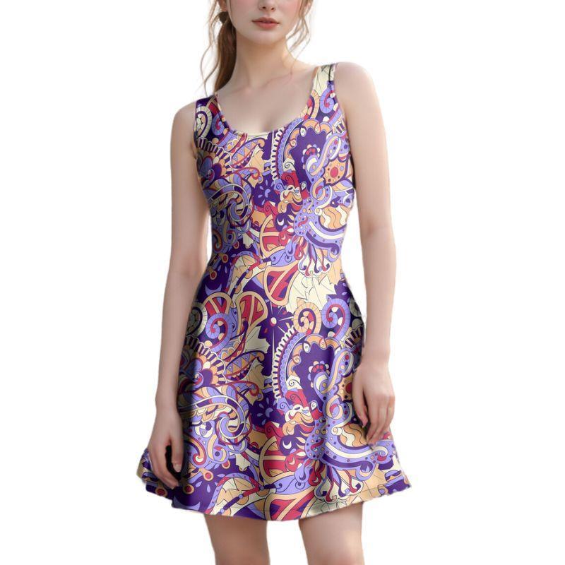 vibrant purple, gold, and red paisley retro print skater dress - mini length