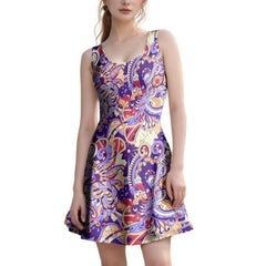 vibrant purple, gold, and red paisley retro print skater dress - mini length
