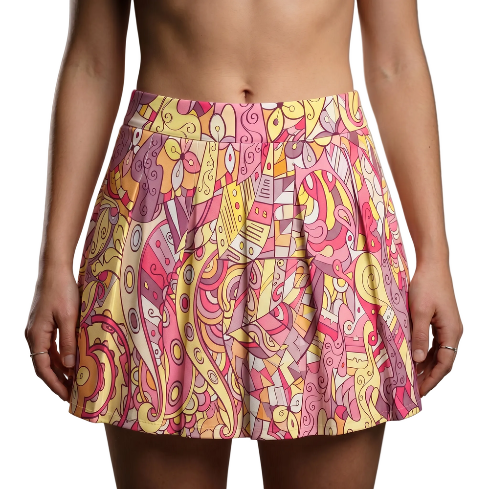 Vibrant Semia print mini pleated skirt in pink, yellow, and orange abstract patterns, featuring soft pleats for a playful, comfortable fit.