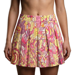 Vibrant Semia print mini pleated skirt in pink, yellow, and orange abstract patterns, featuring soft pleats for a playful, comfortable fit.