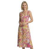 BlissfullyBrand Semia Print Tie Waist Sleeveless Midi Dress — psychedelic pink, yellow, amber, and lavender abstract print — women's made-to-order retro fashion