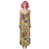 Suki Maxi Slip Dress - Blissfully Brand - Retro Boho whimsical florals Geometric Pink Green Yellow Swirls Psychedelic Bold V-neck Strap Spaghetti Backless Handmade Designer