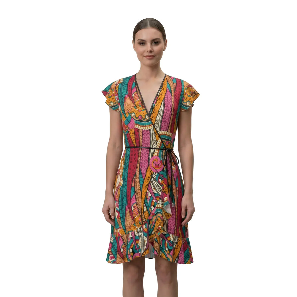 Taki Print Flounce Wrap Dress in psychedelic Persian green, crimson red, tango orange, tickle me pink and sandy brown — deep V neckline, flutter sleeves, flounced hem, slim wrap belt — made to order in London for bold fashion-forward women