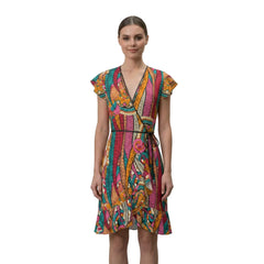 Taki Print Flounce Wrap Dress in psychedelic Persian green, crimson red, tango orange, tickle me pink and sandy brown — deep V neckline, flutter sleeves, flounced hem, slim wrap belt — made to order in London for bold fashion-forward women