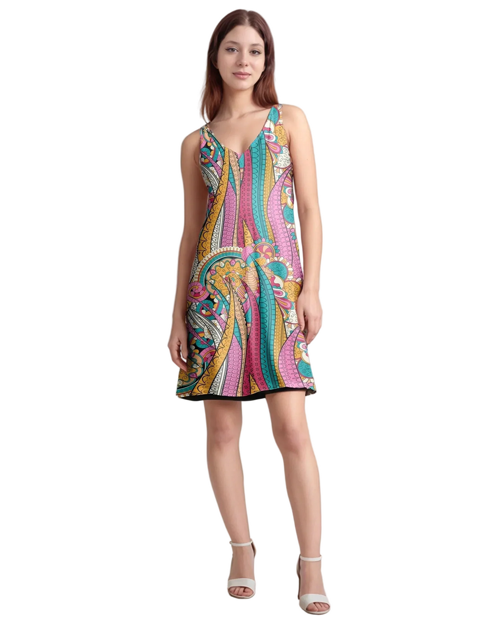 Blissfully Brand Taki V-Neck Sleeveless Reversible Dress — Art Deco paisley print in golden amber, teal, magenta, and lavender with solid black reverse, 38" V-neck mini dress from the Profonde Collection — handmade to order in Montreal,