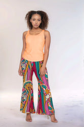 Vibrant Taki Print Palazzo Pants Retro Psychedelic Swirls Colorful Chic Boho Wide Leg Trousers - Profonde by Blissfully Brand