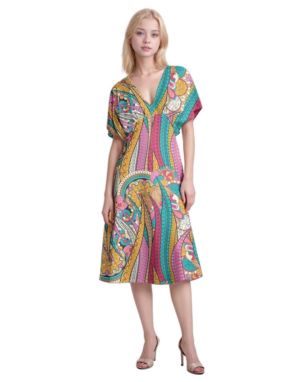 Colorful Taki print draped sleeves midi dress with V-neck and abstract bohemian pattern - tribal retro psychedelic - Profonde by Blissfully brand