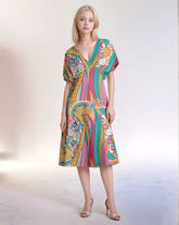 Colorful Taki print draped sleeves midi dress with V-neck and abstract bohemian pattern - tribal retro psychedelic - Profonde by Blissfully brand