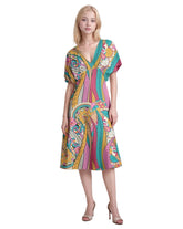 Colorful Taki print draped sleeves midi dress with V-neck and abstract bohemian pattern - tribal retro psychedelic - Profonde by Blissfully brand
