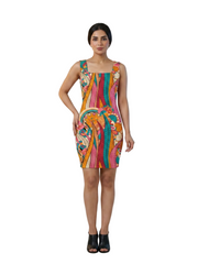 Woman wearing the Taki Print Sleeveless Bodycon Dress in Crimson Red, Persian Green, Tango Orange, and Tickle Me Pink Scuba Knit — psychedelic cocktail bodycon dress from Blissfully Brand Profonde Collection, made to order in Montréal, Canada