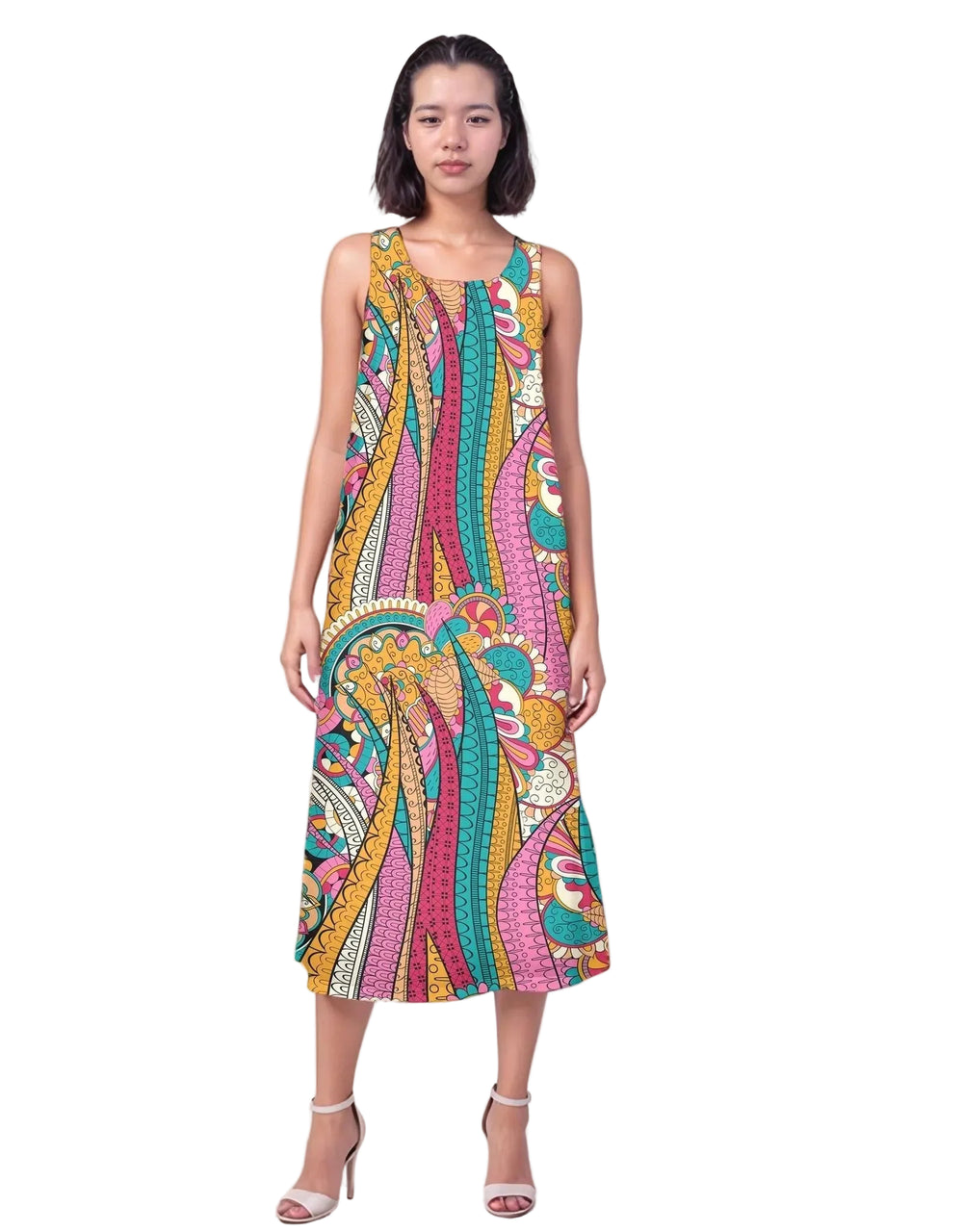 colorful Taki print sleeveless maxi dress flowy with vibrant abstract boho tribal pattern - retro psychedelic - Profonde by Blissully Brand