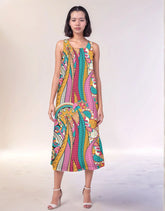 colorful Taki print sleeveless maxi dress flowy with vibrant abstract boho tribal pattern - retro psychedelic - Profonde by Blissully Brand