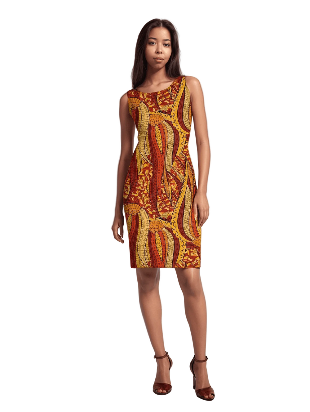 Blissfully Brand Ame Print Sleeveless Sheath Dress — rich crimson, amber gold, and terracotta batik-inspired wave print, crew neck, 37.5" length, Premium ITY Knit, handmade Montreal, Profonde Collection