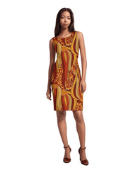 Blissfully Brand Ame Print Sleeveless Sheath Dress — rich crimson, amber gold, and terracotta batik-inspired wave print, crew neck, 37.5" length, Premium ITY Knit, handmade Montreal, Profonde Collection
