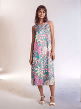 Arane statement maxi dress by Blissfully Brand - colorful, bold & unique swirling floral print. Retro Chic Vintage vibe