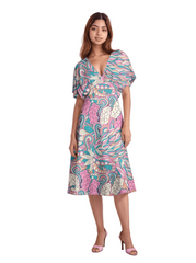 Blissfully Brand Arane Print Draped V-Neck Midi Dress — soft teal, blush pink and cream romantic botanical print, butterfly sleeves, flowing 45 inch relaxed fit, Profonde Collection, made to order Montreal