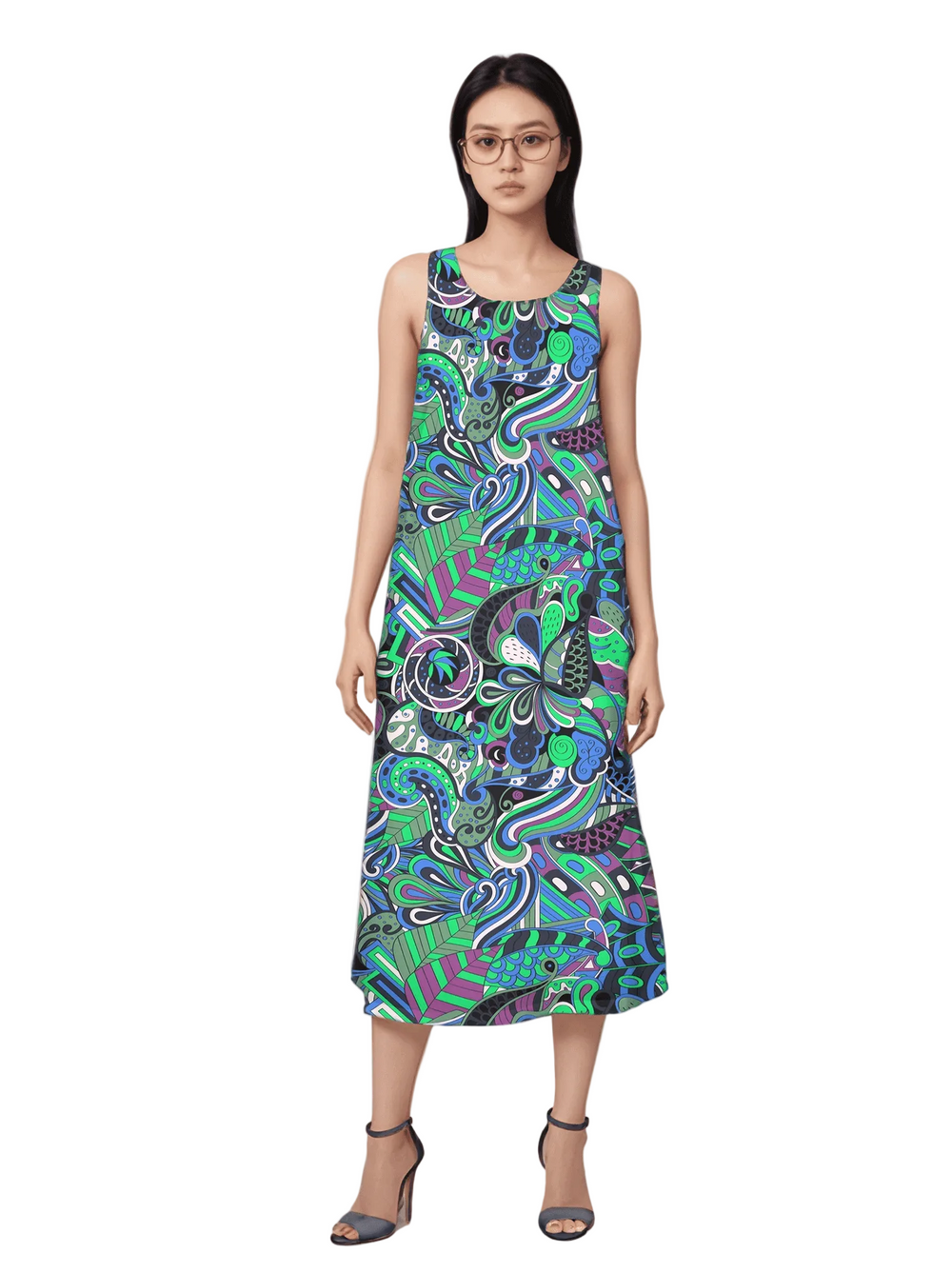 Bold and vibrant Nela dress by Blissfully Brand, featuring a retro-inspired, multicolored abstract swirl and floral pattern in greens, blues, and purples; sleeveless midi-length design perfect for making a statement for chic, retro fashion enthusiasts